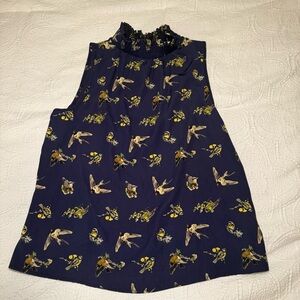 Le Lis Navy Top with Bird Pattern High Neck Cinched Neck Line